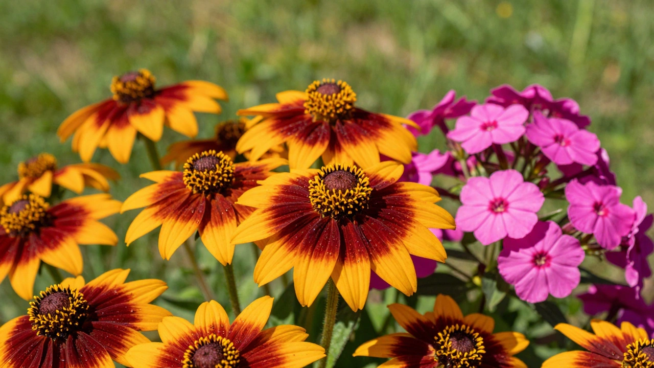 Золотистая рудбекия и сочные флоксы в разгар летнего цветения.