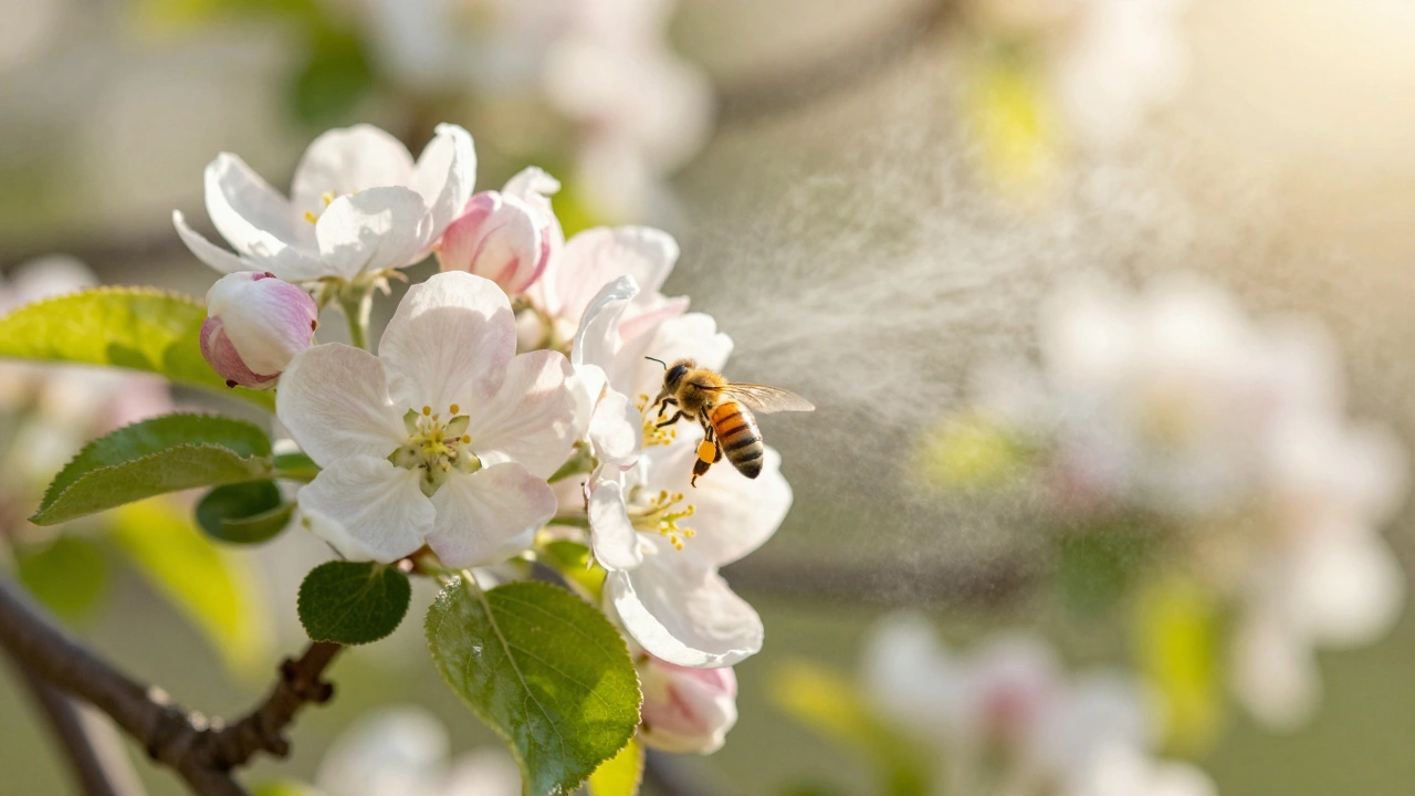 Цветущая яблоня в мае с пчелой и легким облаком биопрепарата