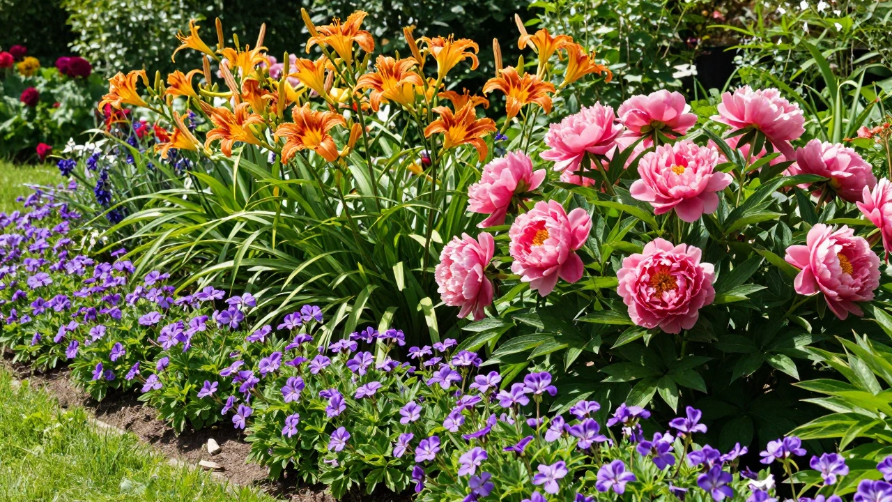 Летний цветник с пышными пионами, оранжевыми лилейниками и ковром из герани