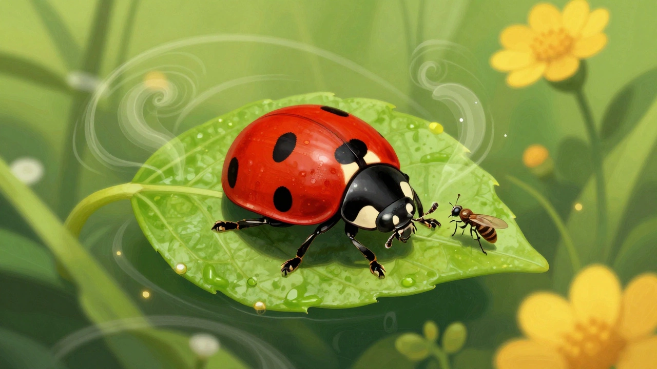Макросъемка божьей коровки и полезных насекомых на зеленом листе