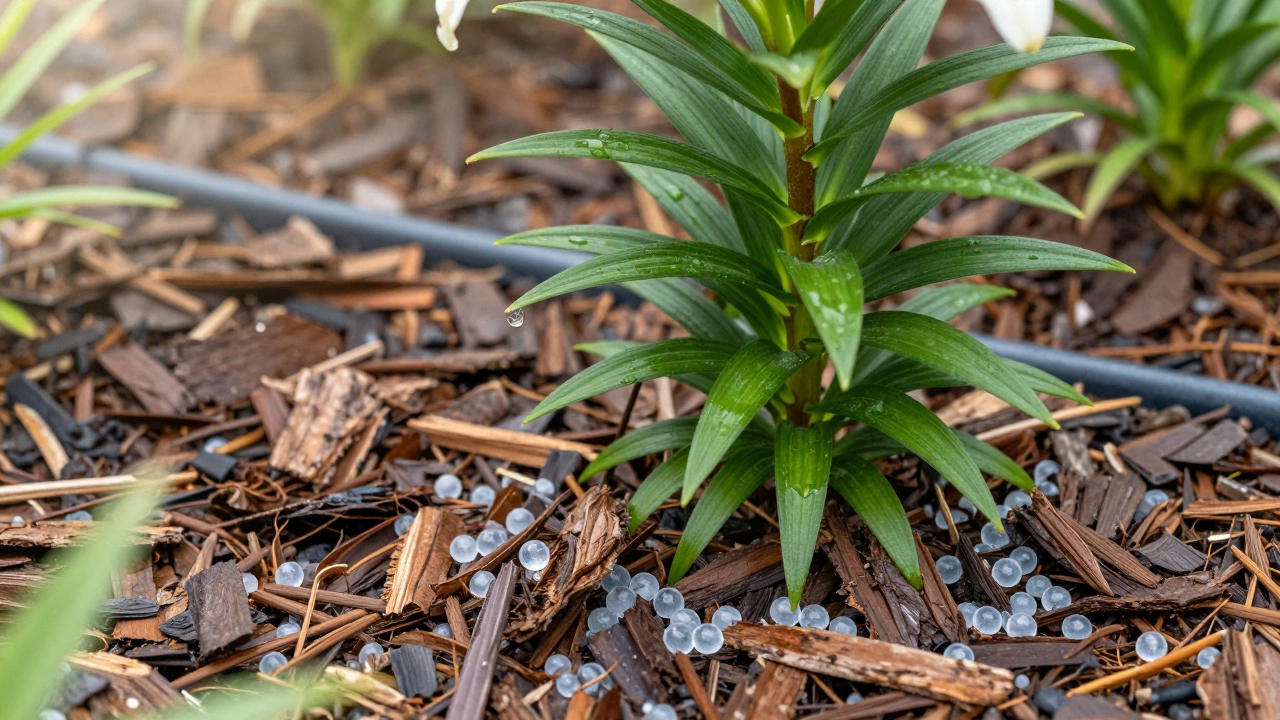 Мульчирование корой и система капельного полива у корней лилии