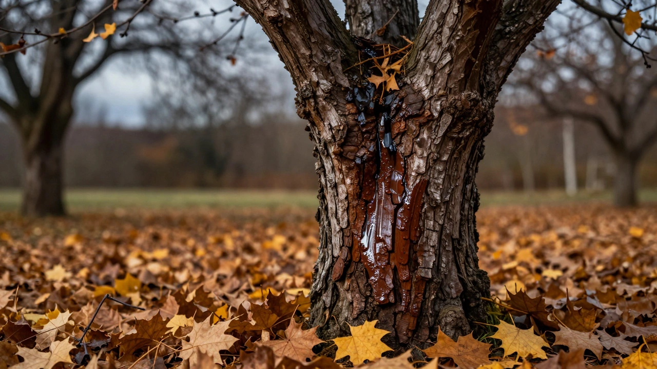 Осенняя обработка ствола дерева медным купоросом на фоне опавших листьев
