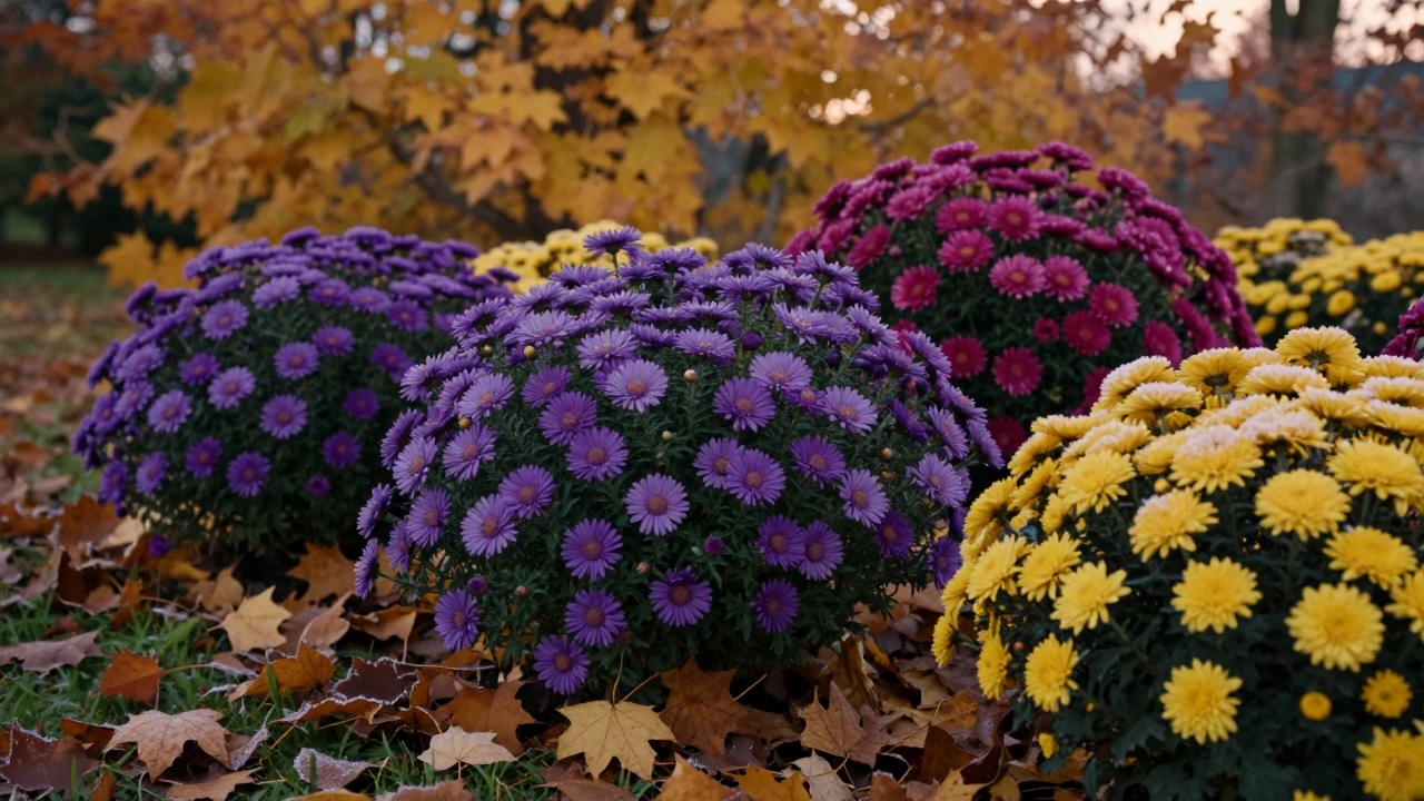 Осенний сад с ярко-пурпурными астрами и желтыми хризантемами в легком инее