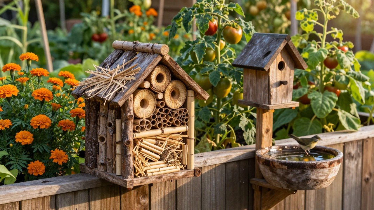 Отель для насекомых и скворечник в цветущем огороде с бархатцами