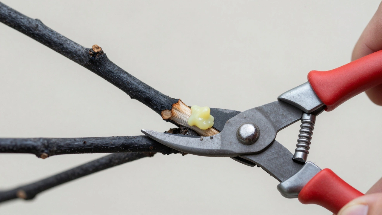 Процесс правильной обрезки обмороженного стебля секатором по границе живой ткани