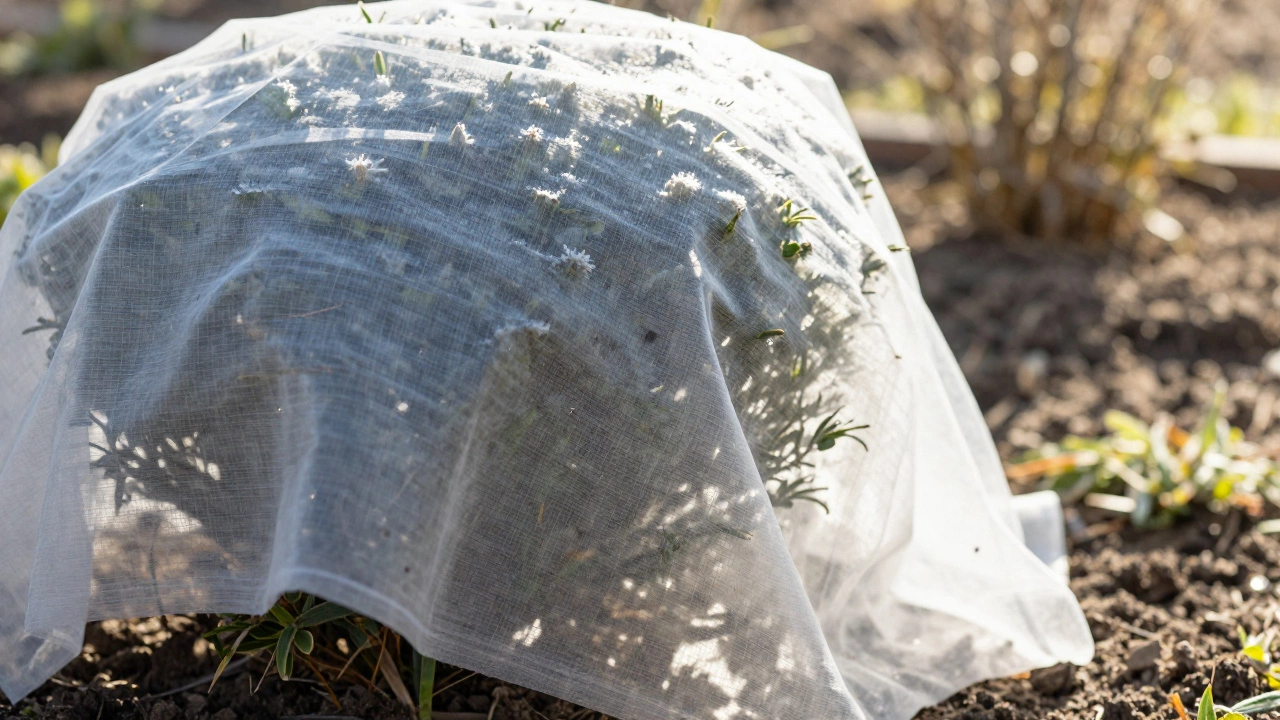 Защитное белое агроволокно, прикрывающее поврежденный куст от весеннего солнца