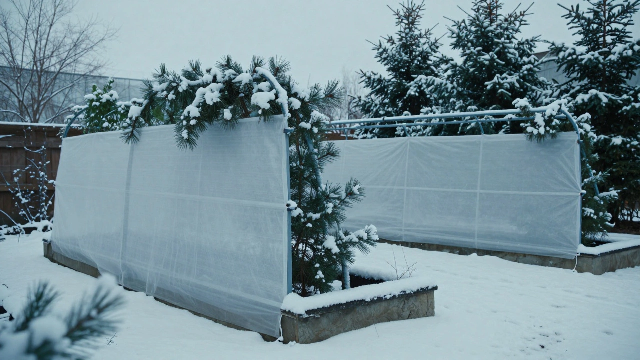 Зимой укрытые грядки с дугами и лапником под слоем снега
