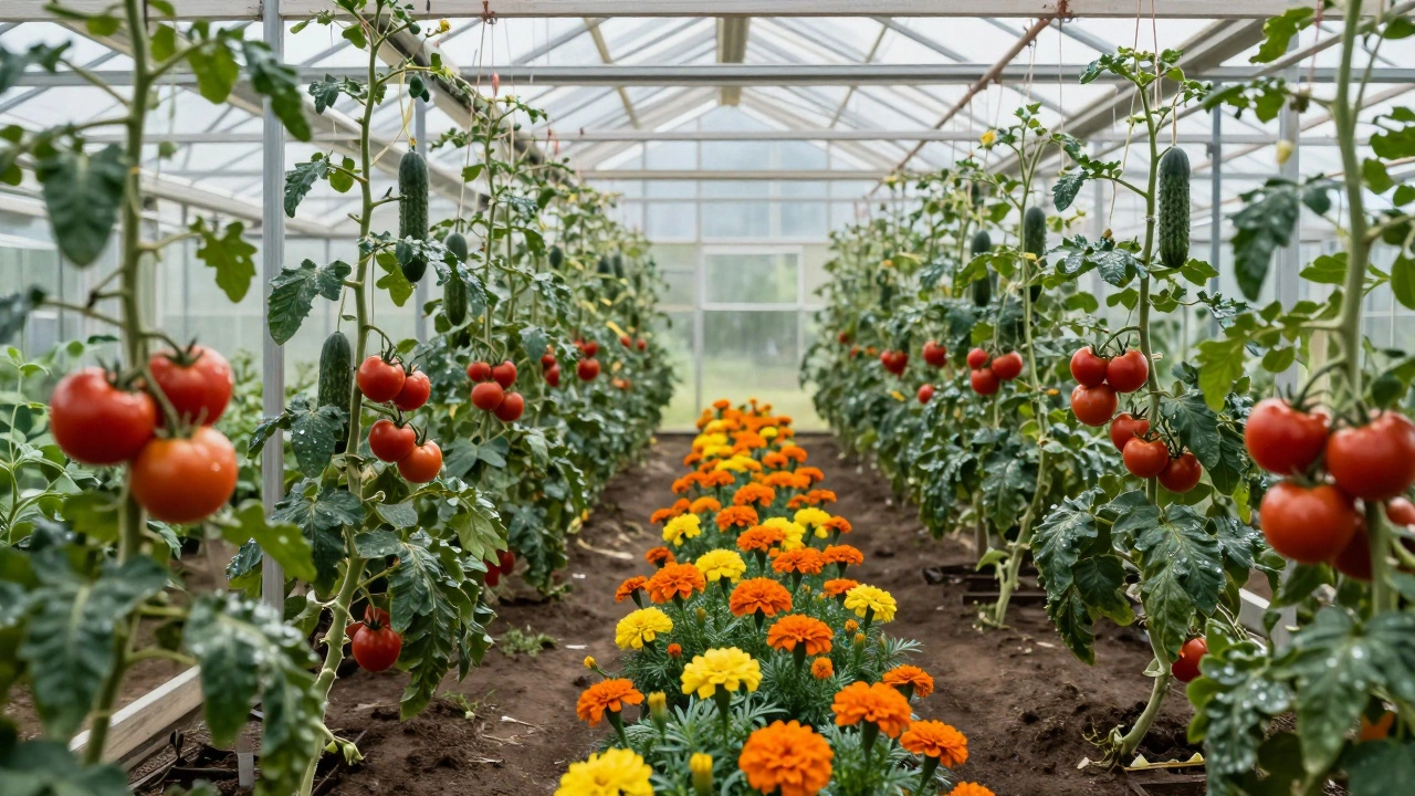 Зонированная теплица с помидорами, огурцами и разделяющей полосой бархатцев