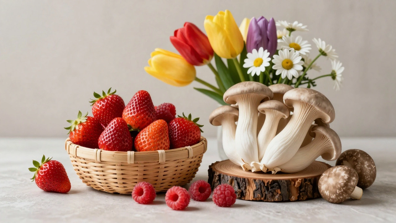 Клубника, грибы и цветы для продажи фермером